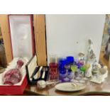 A Charles Bristol bohemian style glass decanter cased, various Lladro, coloured glassware, pair of