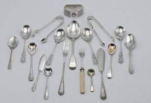 Assorted various silver flatware, some EP. A set of four George V arts & crafts style teaspoons 2.