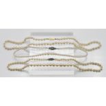 Three Cultured pearl necklaces to include single row with silver clasp, approx. length: 16cm, single