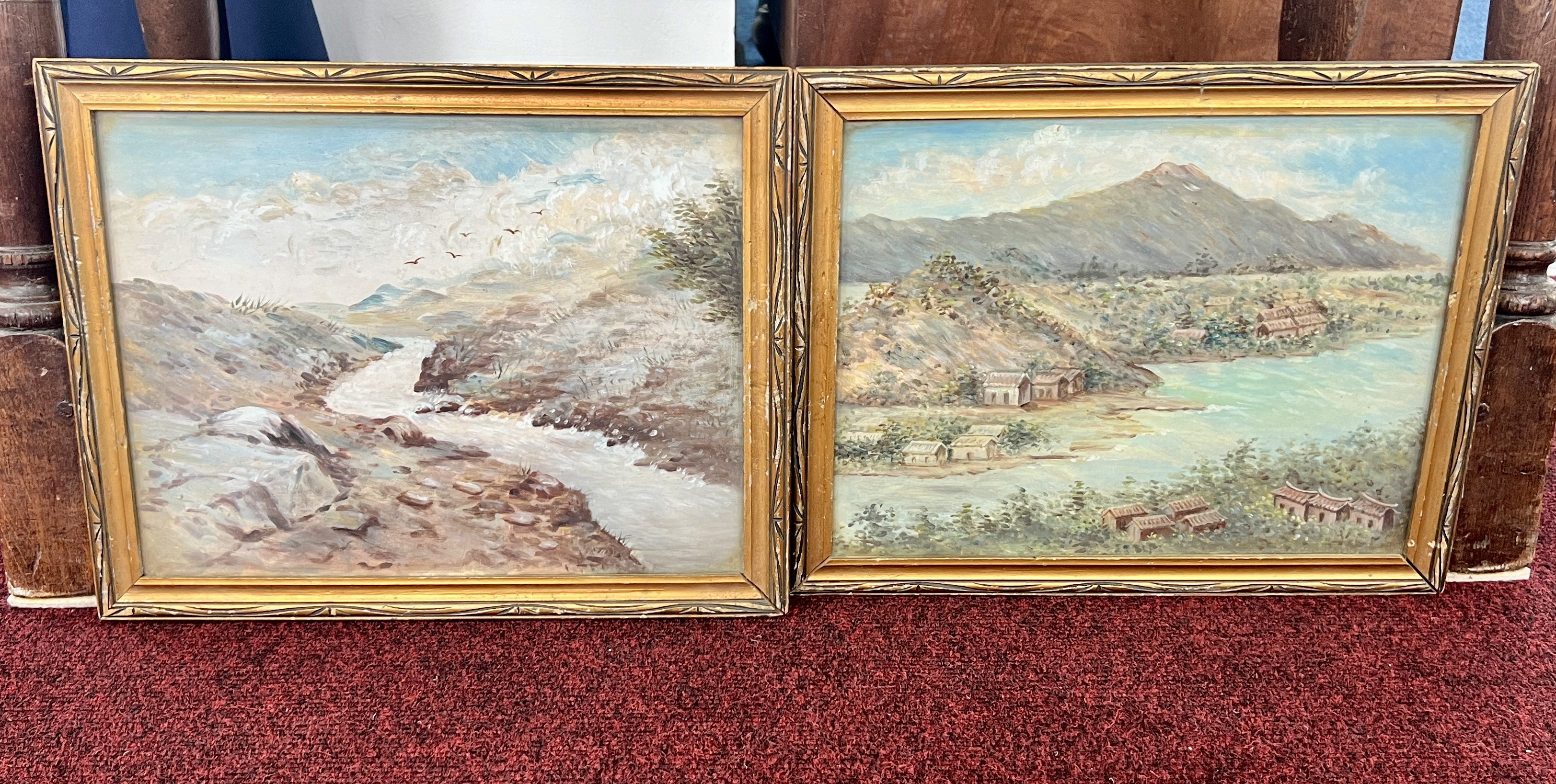 A pair of Chinese? Oils, unsigned, with paper label to reverse 'A Yeung', framed and glazed.