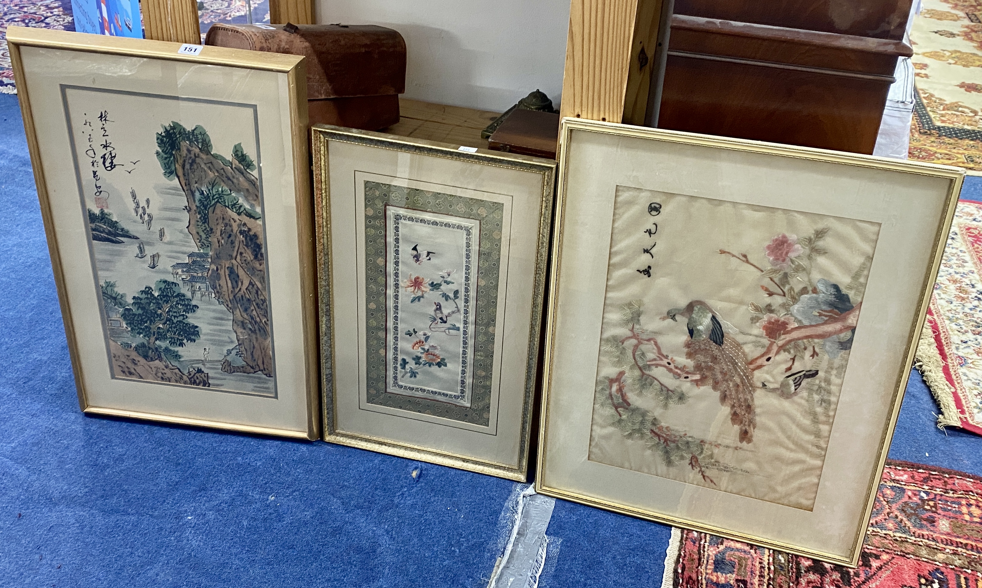 A collection of Oriental pictures and silkworks including exotic birds and portraits 20th century ( - Image 2 of 2