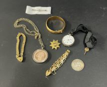 A mixed collection of costume jewellery, silver watch etc.