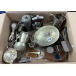 A collection of silver plated wares and other items including hip flasks, tankards, weights,