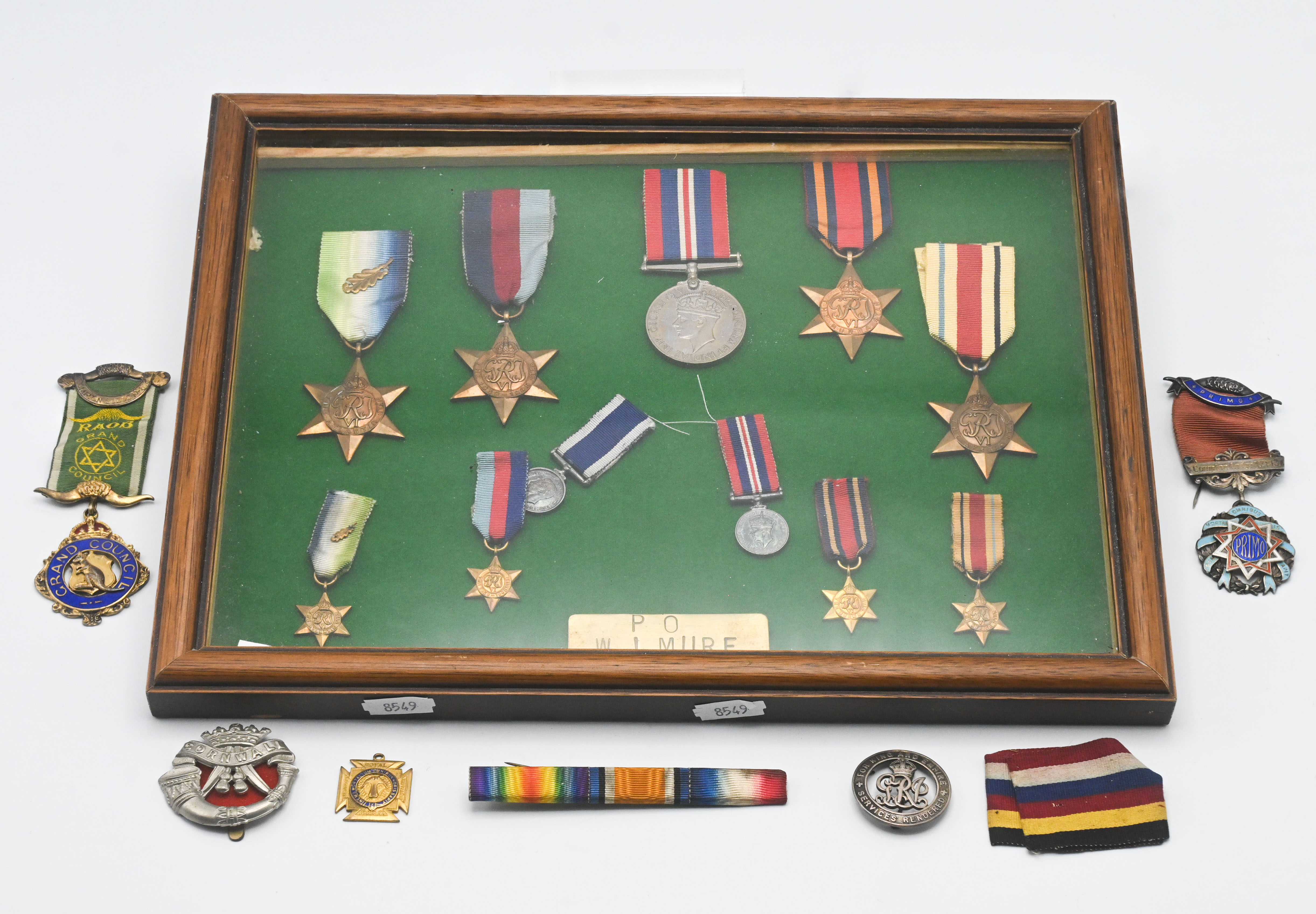 A group of WWII medals awarded to Petty Officer WJ Mure (Plymouth RN) Note Oak Leaf on the