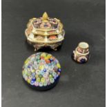 A Royal Crown Derby box and cover, a miniature vase, and a mini paperweight