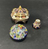 A Royal Crown Derby box and cover, a miniature vase, and a mini paperweight