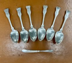 A set of antique silver table spoons, approx. 18.18 ounces and also a white metal silver?