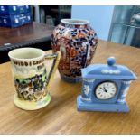 Crown Devon musical mug Widecombe fair (damaged) Japanese Imari vase and a Jasperware clock (3)
