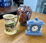Crown Devon musical mug Widecombe fair (damaged) Japanese Imari vase and a Jasperware clock (3)