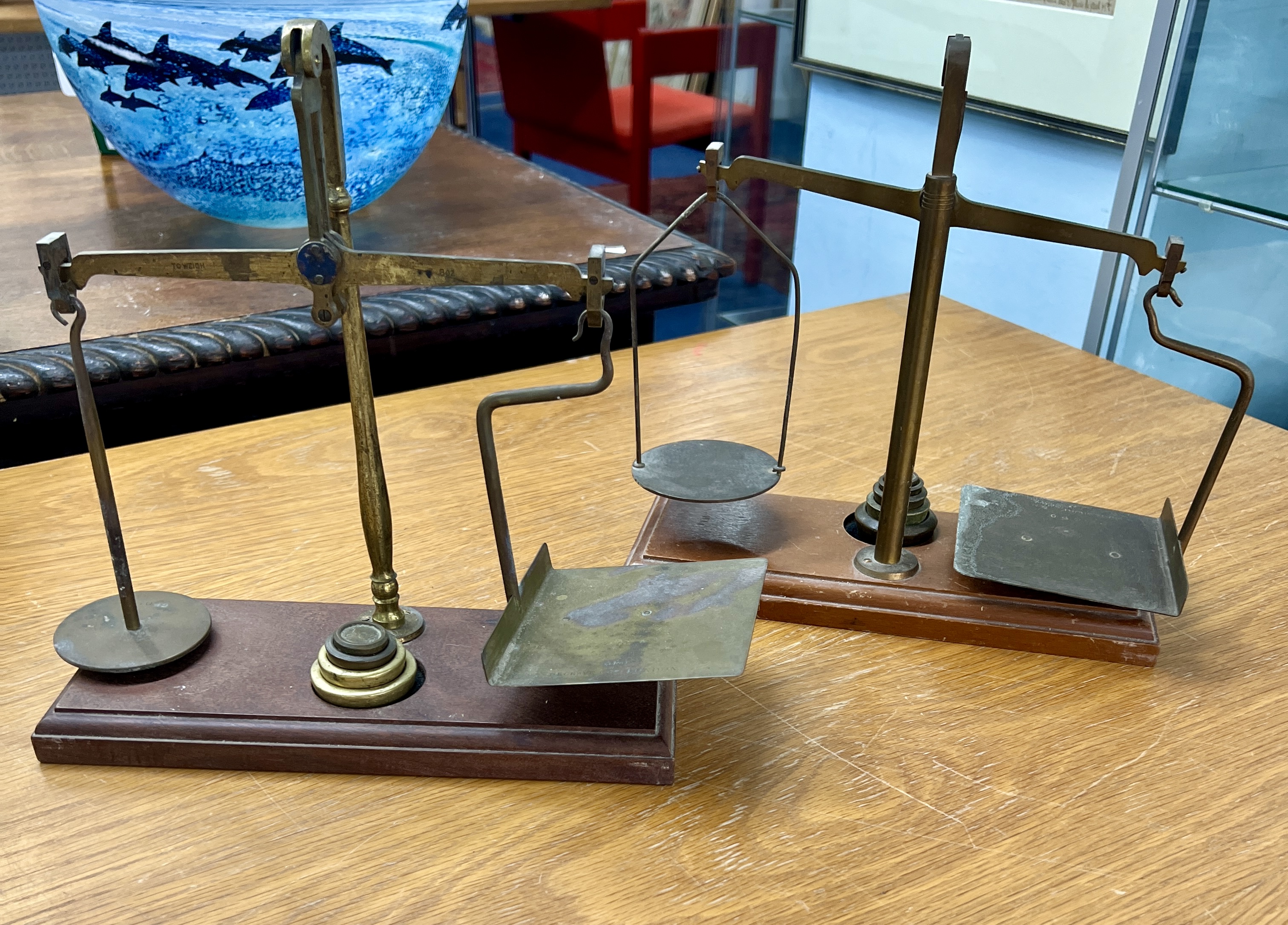Two antique letter scales and weights one marked Degrave & Co, London.