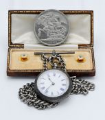 Two yellow metal collar studs, an antique silver cased fob watch on silver guard chain and a 1951
