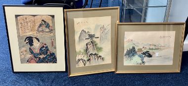 A collection of various Oriental pictures, including printed and overpainted scenes, including