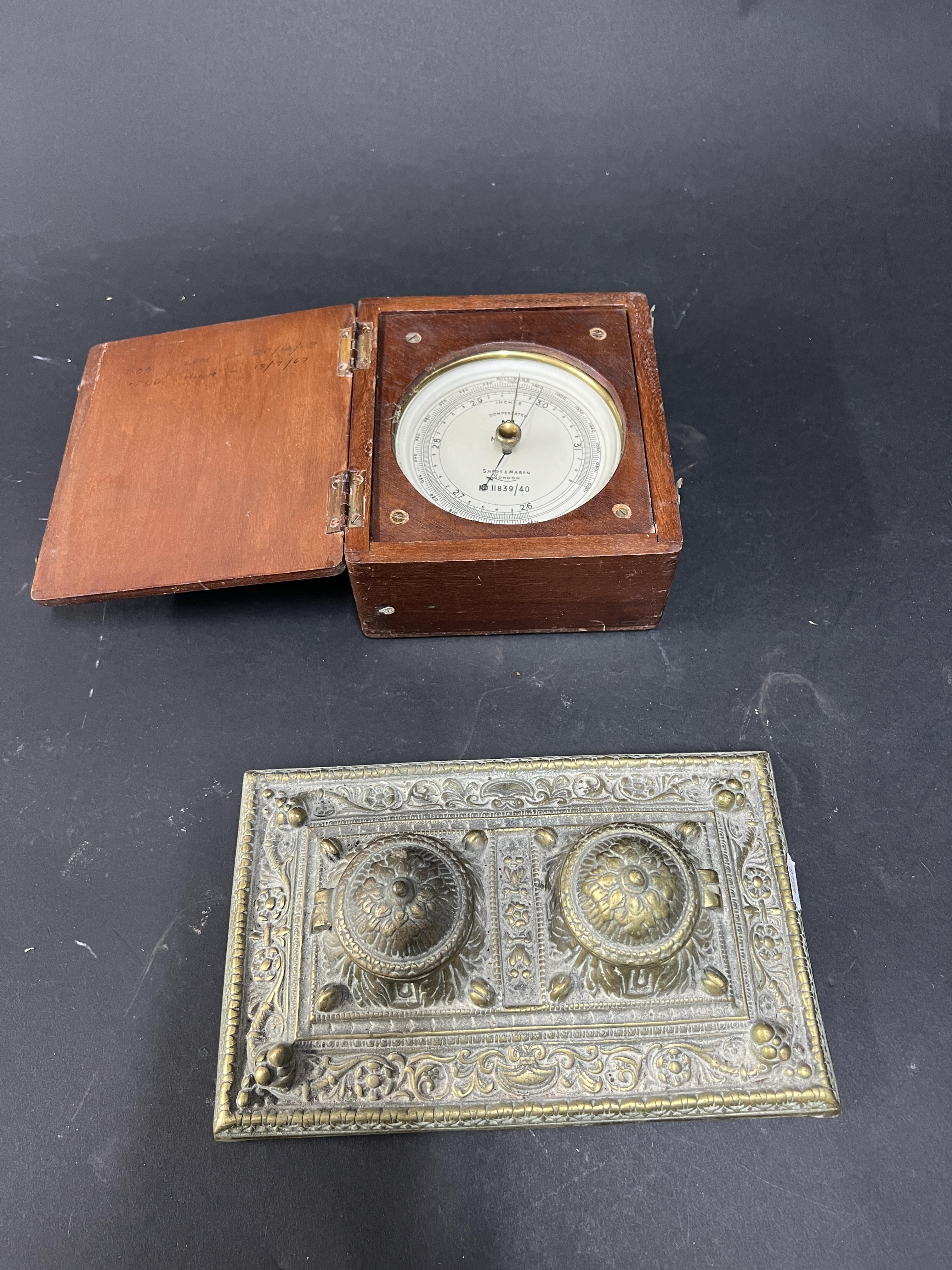 A brass pen and ink stand, together with a mark 1 Short & Mason table barometer