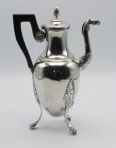 A French silver coffee pot (cafetiere) with horse head spout and three legs terminating in lion