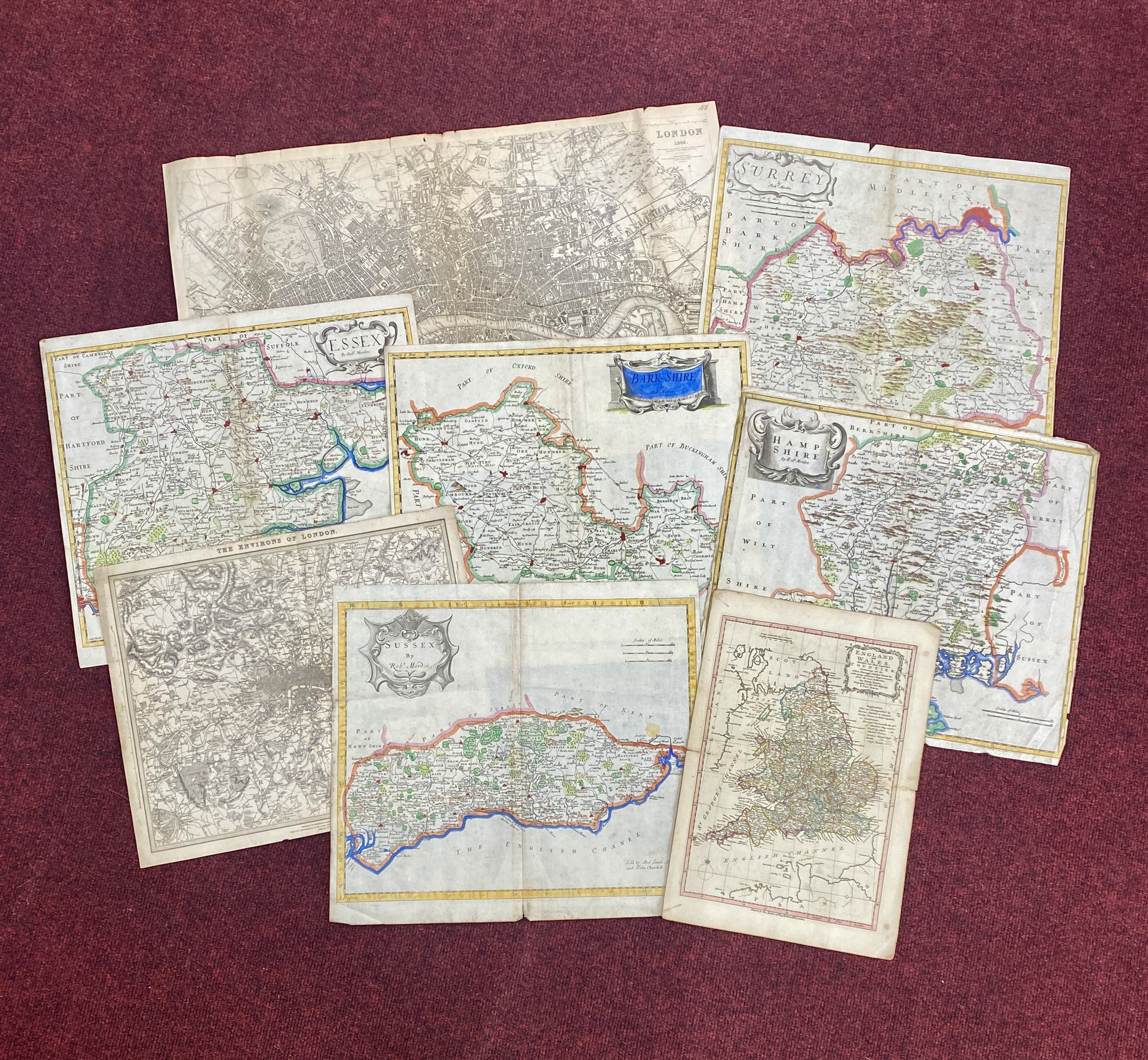 Various maps including The Environs of London 1832 by Baldwin, Tho Bowen England & Wales, Robert