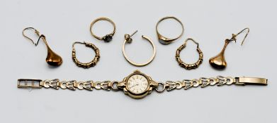 A 9 carat gold (and bracelet) Regency ladies watch, two 9 carat gold dress rings, a 9 carat gold