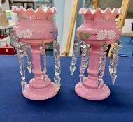 A pair of pink glass vases with glass drops, height 26cm with extra drops (one base damaged).
