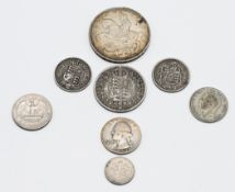 Six various old English coins including 1935 George V Crown, 1888 Victoria etc