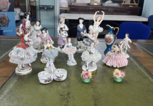 Collection of porcelain figures, including German with cross swords marks, 19th century pair of