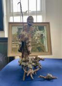 A large Chinese root carving of a fisherman, with detached bird. Height including rod 83cm