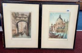 A pair of Venetian signed etchings, 32 x 20cm framed and glazed