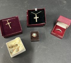 A small collection of gold jewellery including a 9ct gold garnet and opal cluster ring, two pairs of