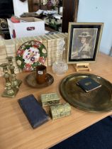 A collection of items including glass decanter with stopper, a pair of brass candlesticks
