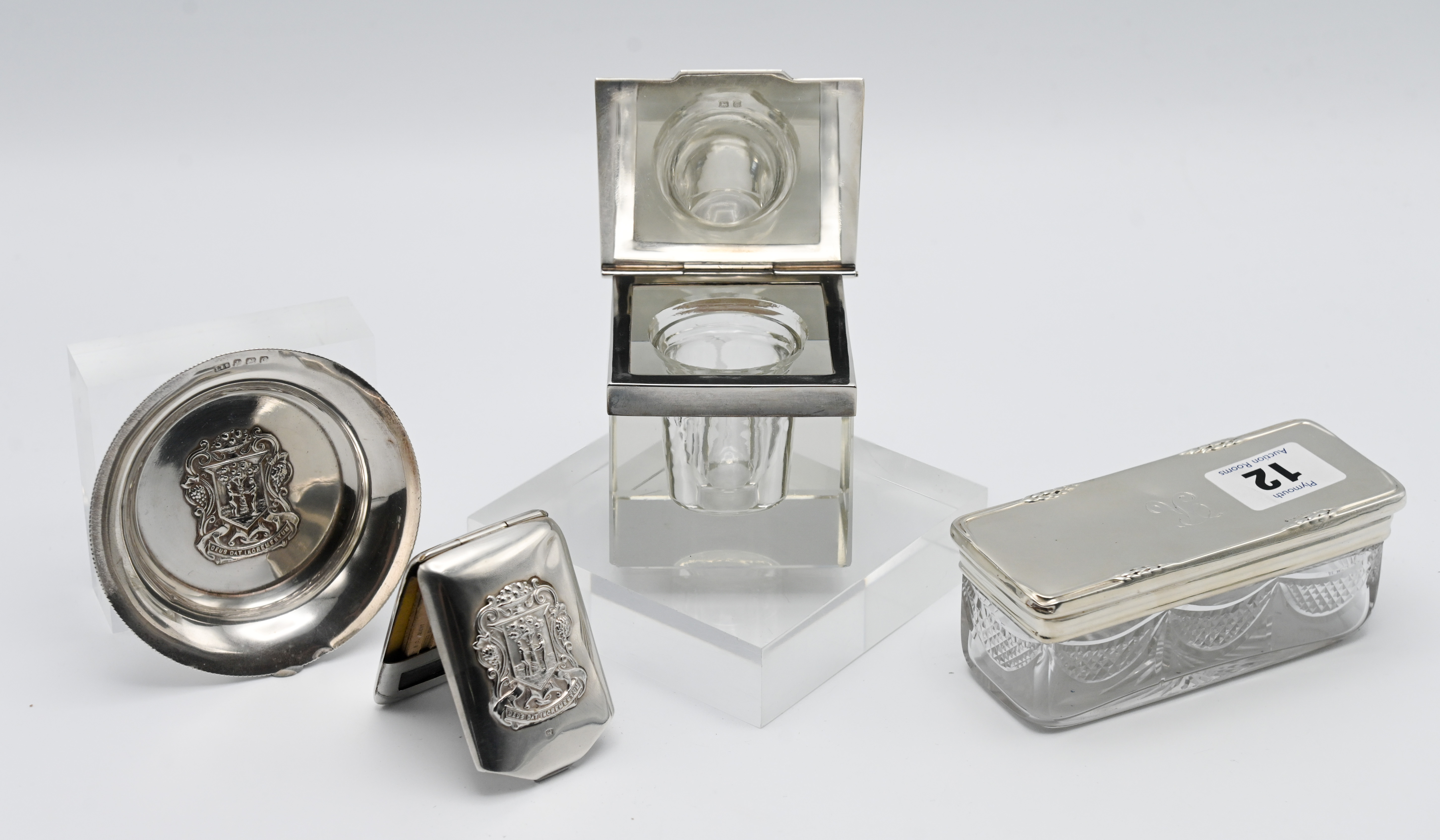 A glass and silver top box 11.5 x 4.5cm together with a small silver dish and a match case with coat