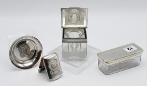 A glass and silver top box 11.5 x 4.5cm together with a small silver dish and a match case with coat