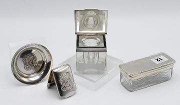 A glass and silver top box 11.5 x 4.5cm together with a small silver dish and a match case with coat