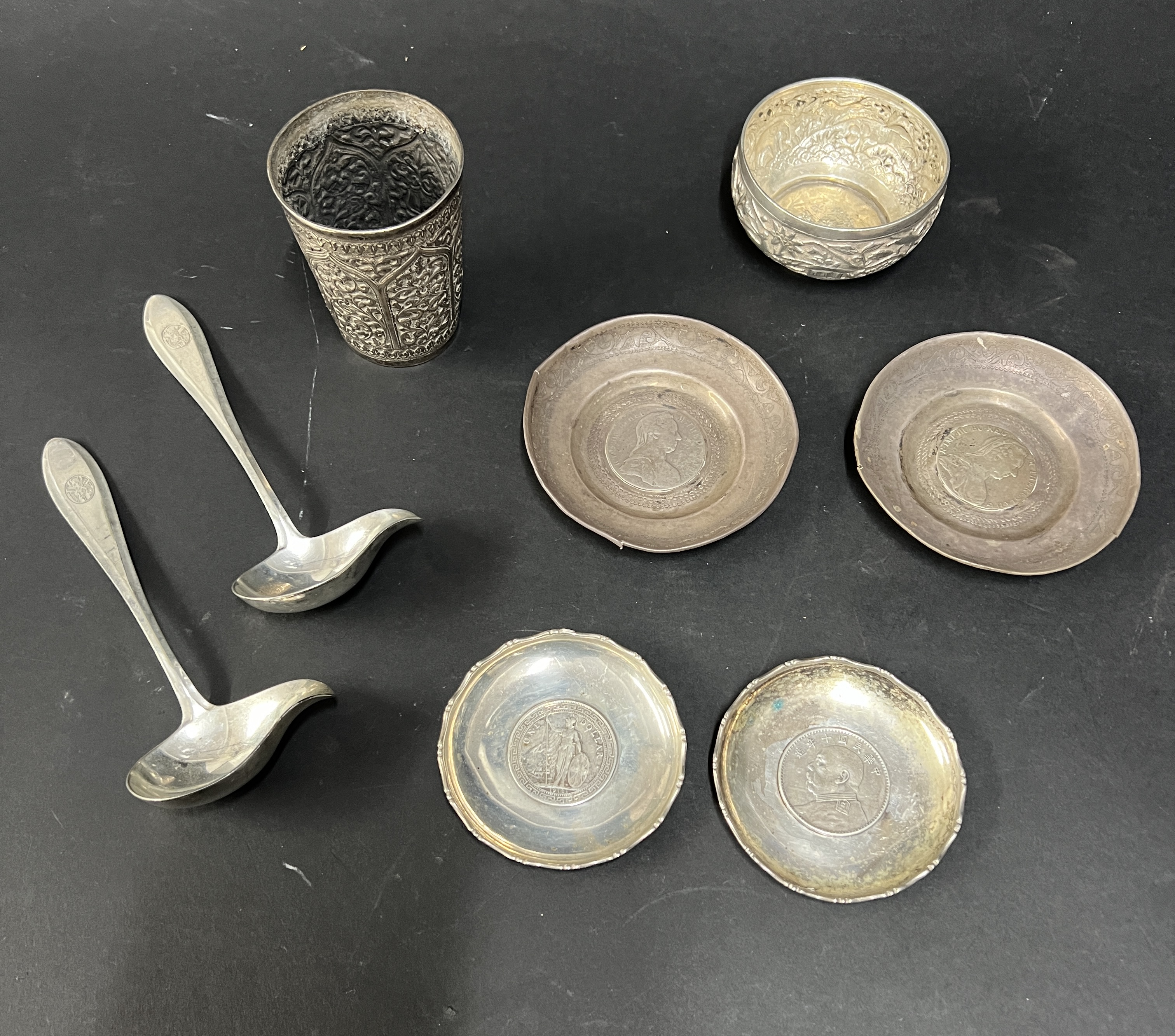 A collection of foreign silver including spoons, dishes etc, approx. weight 18.39oz.