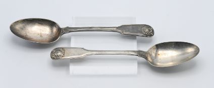 A pair of indistinctly marked white metal spoons 4.69oz. Makers mark SM?