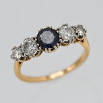A good 18ct yellow gold and platinum sapphire and diamond five stone ring, stamped 750, 18ct