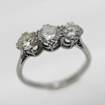 A good diamond three stone ring set in platinum, approx. 1.75ct, size N.