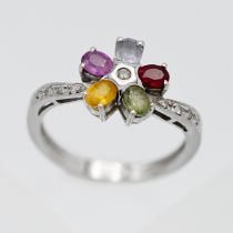 An 18ct white gold multi coloured gem stone and diamond 'flower' ring, size O.