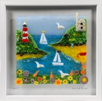 Lou C, a mixed media glass artwork by Lou C, 'Devon and Cornwall', framed. Overall size 44cm x 44cm.
