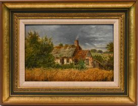 An early 20th/19th century oil cottage scene, indistinctly signed J.T? Size 19cm x 29cm, framed.