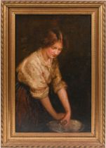 A 19th century portrait oil painting, 'Portrait of a young women washing