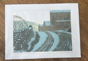 Kenneth Godden signed screenprint, titled in pencil 'Stomths Farm Buildings', unframed. Image size