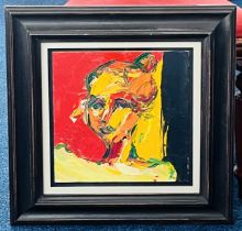 John Barnicoat (1924-2013) oil on board 'Women Head', framed and glazed. Overall size 52cm x 52cm.