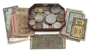 A US silver dollar 1880 together with a general collection of world coins and foreign banknotes