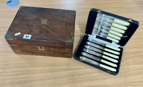 Victorian walnut brass bound writing slope together with a cased fish set.