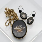 A pair of Italian style Pietra dura micro mosaic drop earrings together with a micro mosaic