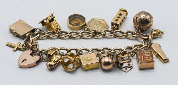 A 9ct gold charm bracelet set with sixteen charms, approx 62.90g