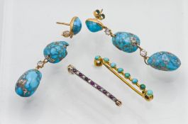 A mixed collection to include a modern turquoise bar brooch, a modern ruby and diamond bar brooch