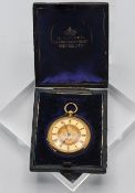 A 18ct antique gold pocket watch, 46.3 grams, the dial with roman numerals, with engine turned