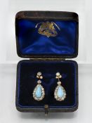 A pair of Victorian turquoise and diamond earrings, cabochon pear cut, set 28 old brilliant cut
