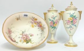 A pair of Royal Worcester blush ivory vases, gilt handles and detailing to flowers, limited