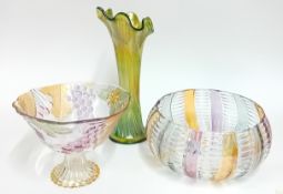 Two Orrefors coloured glass bowls, one raised and decorated with grapes and strawberries, together