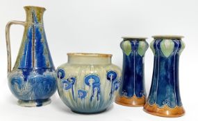 A collection of Royal Doulton art pottery, to include a pair of vases, green on a cobalt blue
